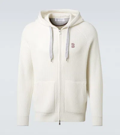 Brunello Cucinelli Ivory Cashmere Knit Zip-up Hoodie In Neutral