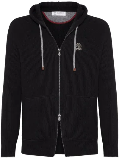 Brunello Cucinelli Logo-embroidered Ribbed-knit Cashmere Cardigan In Black