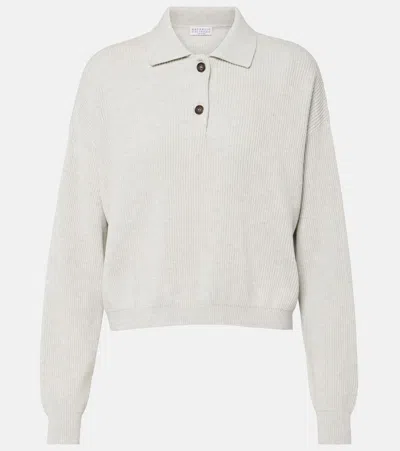 Brunello Cucinelli Ribbed-knit Cotton Polo Sweater In White