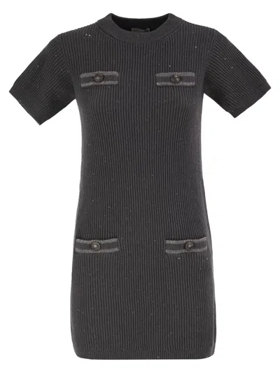 Brunello Cucinelli Ribbed Knit Dress With Sequins And Patch Pockets In Brown