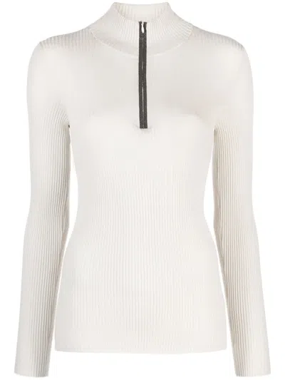 Brunello Cucinelli Ribbed-knit Half-zip Top In 白色