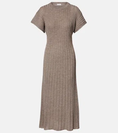 Brunello Cucinelli Ribbed-knit Lamé Midi Dress In Brown