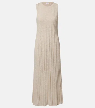 Brunello Cucinelli Metallic Ribbed-knit Midi Dress In Neutral