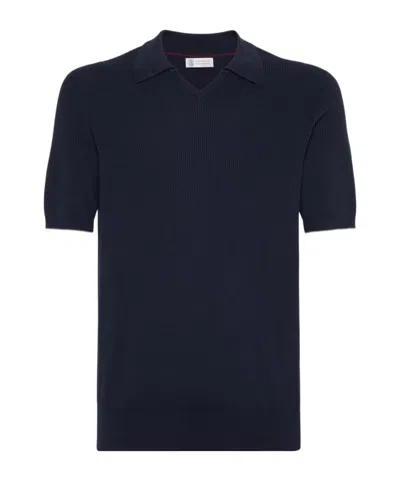 Brunello Cucinelli Ribbed-knit Cotton Polo Sweater In Blue