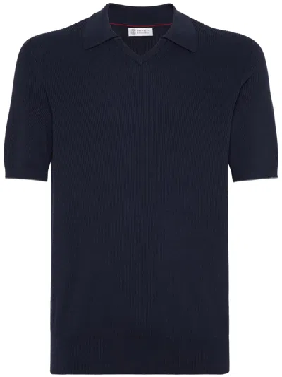 Brunello Cucinelli Ribbed-knit Cotton Polo Sweater In Blue