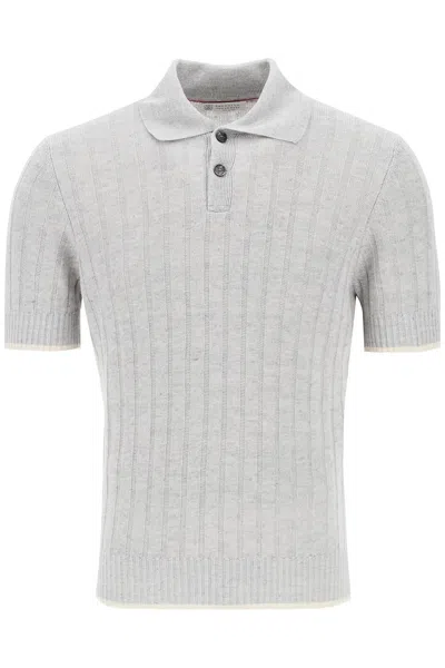 Brunello Cucinelli Ribbed Knit Polo Shirt In Grey