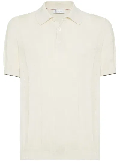 Brunello Cucinelli Ribbed-knit Polo Shirt In Neutrals
