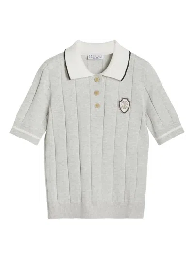 BRUNELLO CUCINELLI RIBBED-KNIT SHIELD-EMBELLISHED POLO TOP