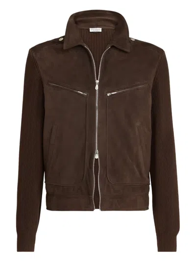 Brunello Cucinelli Suede And Knit Outerwear Jacket In Brown