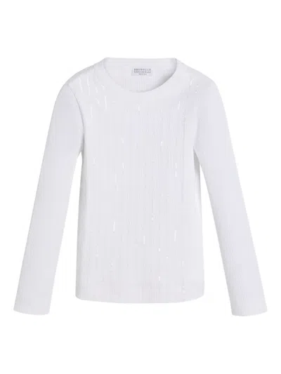 Brunello Cucinelli Kids' T-shirt With Dazzling Stripe Embroidery In White