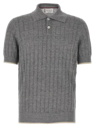 Brunello Cucinelli Ribbed Linen And Cotton Blend Polo Shirt In Gray