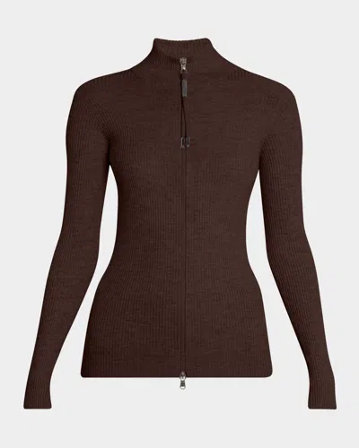 Brunello Cucinelli Ribbed Long-sleeve Monili Zip-up Top In Brown