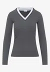 Brunello Cucinelli Ribbed Long Sleeves Top With Contrast Trim In Gray
