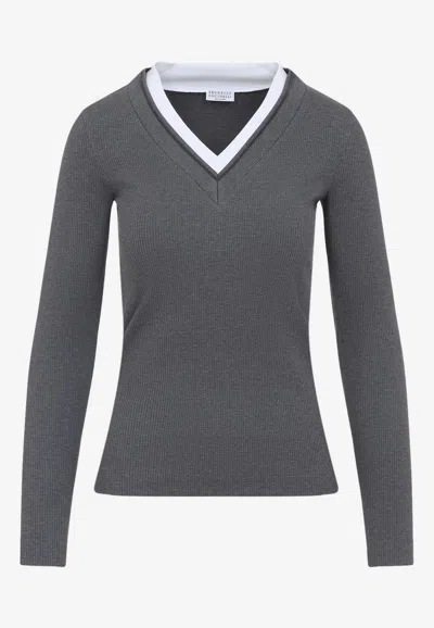 Brunello Cucinelli Ribbed Long Sleeves Top With Contrast Trim In Gray
