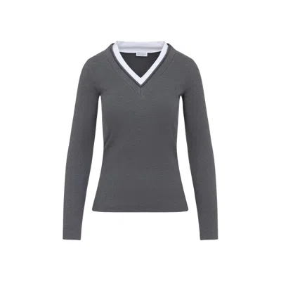 Brunello Cucinelli Ribbed Long-sleeved Top With Contrasting Trim In Gray
