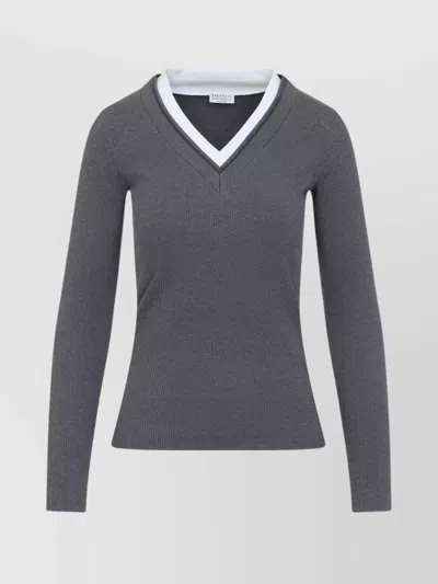 BRUNELLO CUCINELLI RIBBED LONG SLEEVES TOP WITH CONTRAST TRIM
