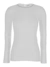 BRUNELLO CUCINELLI WHITE LONG-SLEEVE TOP WITH MONILE DETAIL IN RIBBED STRETCH COTTON WOMAN