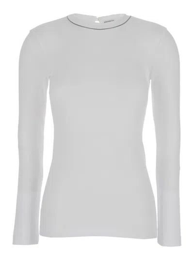 BRUNELLO CUCINELLI WHITE LONG-SLEEVE TOP WITH MONILE DETAIL IN RIBBED STRETCH COTTON WOMAN