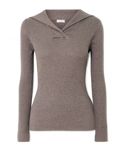 Brunello Cucinelli Ribbed Metallic Cashmere And Silk-blend Top In Brown