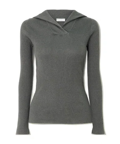 Brunello Cucinelli Ribbed Metallic Cashmere And Silk-blend Top In Gray
