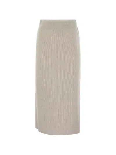 Brunello Cucinelli Luxurious Cashmere-silk Ribbed Midi Skirt In Beige