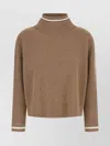 Brunello Cucinelli Ribbed Mock Neck Sweater With Contrast Trim In Brown