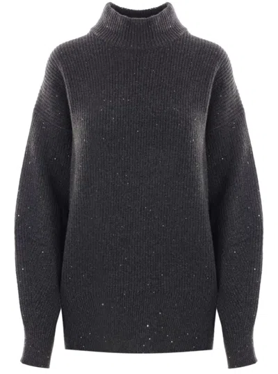 Brunello Cucinelli Ribbed Mock Neck Sweater With Subtle Sparkling Accents In Gray