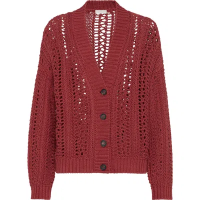 Brunello Cucinelli Ribbed Net Cardigan In Red