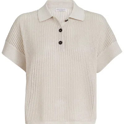 Brunello Cucinelli Ribbed Net Polo Shirt In Neutral