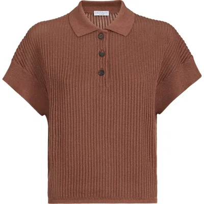 Brunello Cucinelli Ribbed Net Polo Shirt In Brown