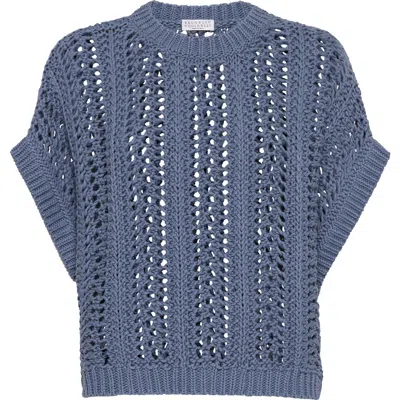 Brunello Cucinelli Ribbed Net Sweater In Avio Blue