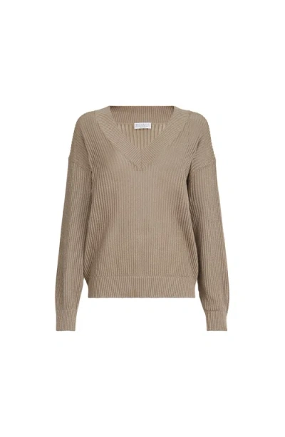 Brunello Cucinelli Ribbed Net Sweater In Brown