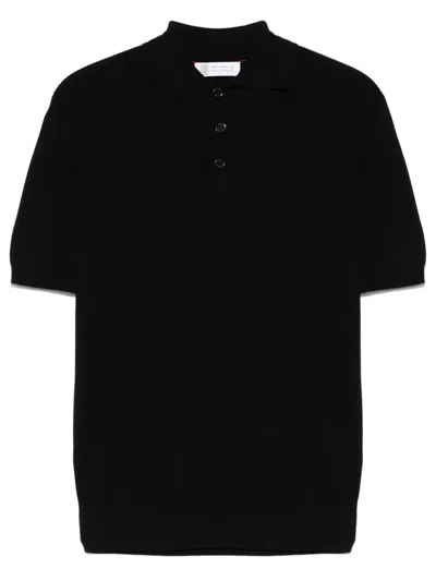 Brunello Cucinelli Geripptes Poloshirt In Schwarz
