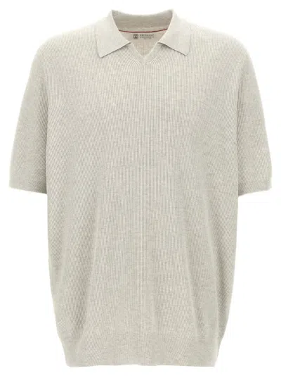 Brunello Cucinelli Ribbed Polo Shirt With V-neck In Multi