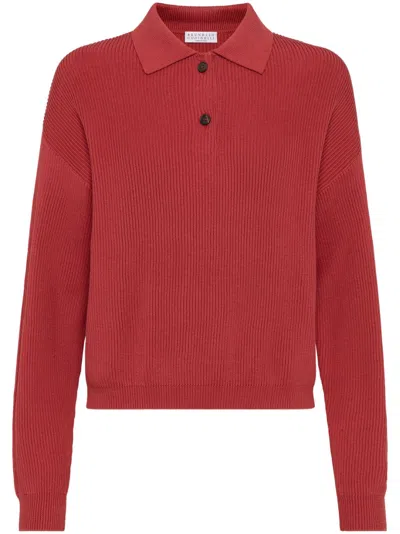 Brunello Cucinelli Ribbed Monili Polo Shirt In Red