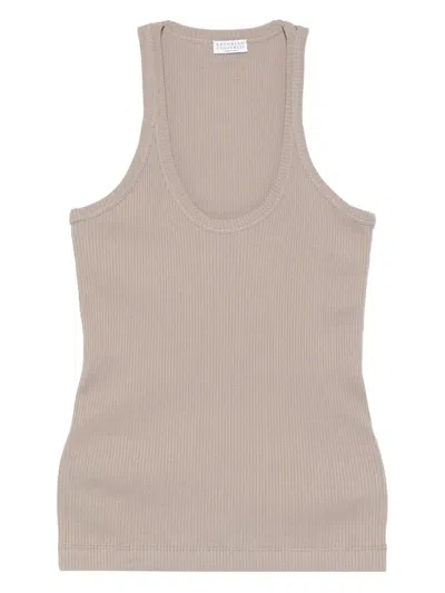 Brunello Cucinelli Ribbed Scoop-neck Top In Brown
