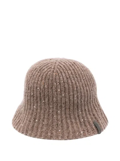 Brunello Cucinelli Ribbed Sequin-embellished Bucket Hat In Brown