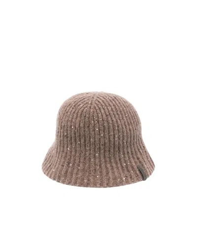 Brunello Cucinelli Ribbed Sequin-embellished Bucket Hat In Brown