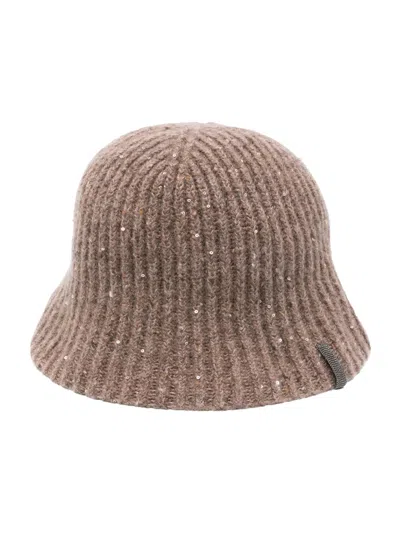 BRUNELLO CUCINELLI BRUNELLO CUCINELLI RIBBED SEQUIN-EMBELLISHED BUCKET HAT BROWN