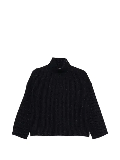 Brunello Cucinelli High Neck Ribbed Cashmere Sweater With Sequins In Blue