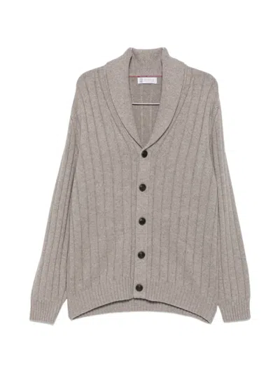 Brunello Cucinelli Ribbed Shawl-collar Cardigan In Gray