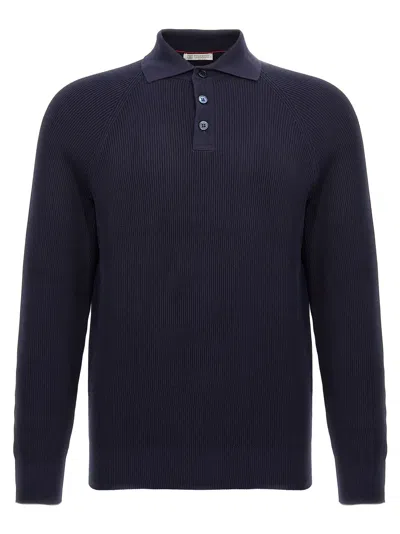 Brunello Cucinelli Ribbed Shirt Polo Blue In Black