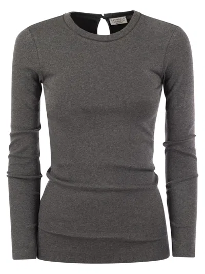Brunello Cucinelli Ribbed Stretch Cotton Jersey T-shirt With Jewellery In Grey