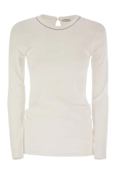 Brunello Cucinelli Ribbed Stretch Cotton Jersey T-shirt With Jewellery In Neutral