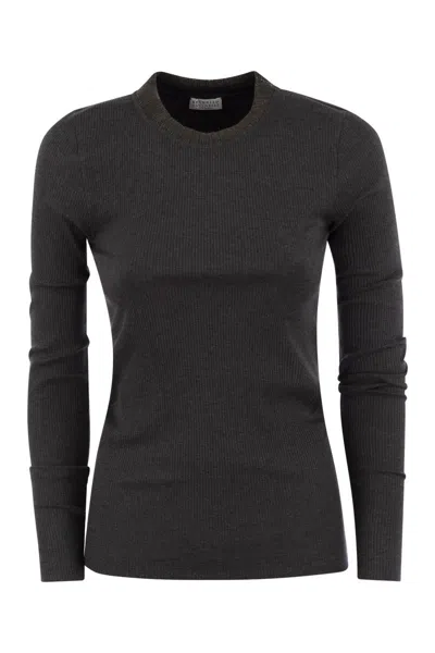 Brunello Cucinelli Ribbed Stretch Cotton T-shirt In Anthracite