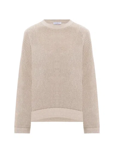 Brunello Cucinelli Relaxed Crew Neck Cotton Knit Sweater In Neutral