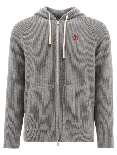 Brunello Cucinelli Ribbed Jumper With Embroidery In Grey