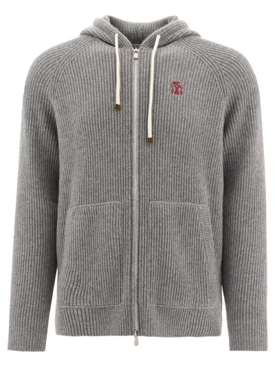 Brunello Cucinelli Ribbed Sweater With Embroidery In Gray