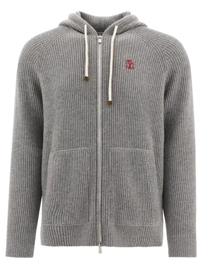 Brunello Cucinelli Ribbed Sweater With Embroidery In Blue