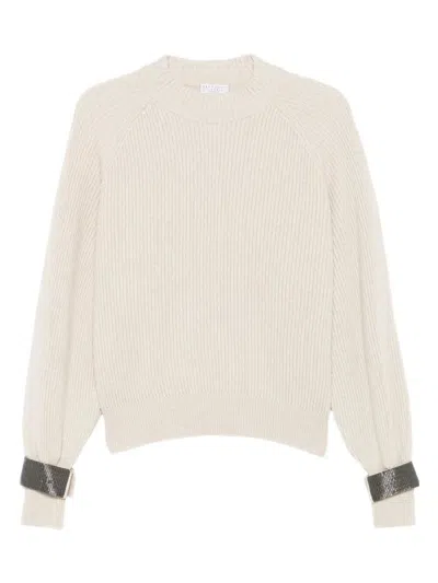 Brunello Cucinelli Ribbed Sweater With Jewel Cuffs In White
